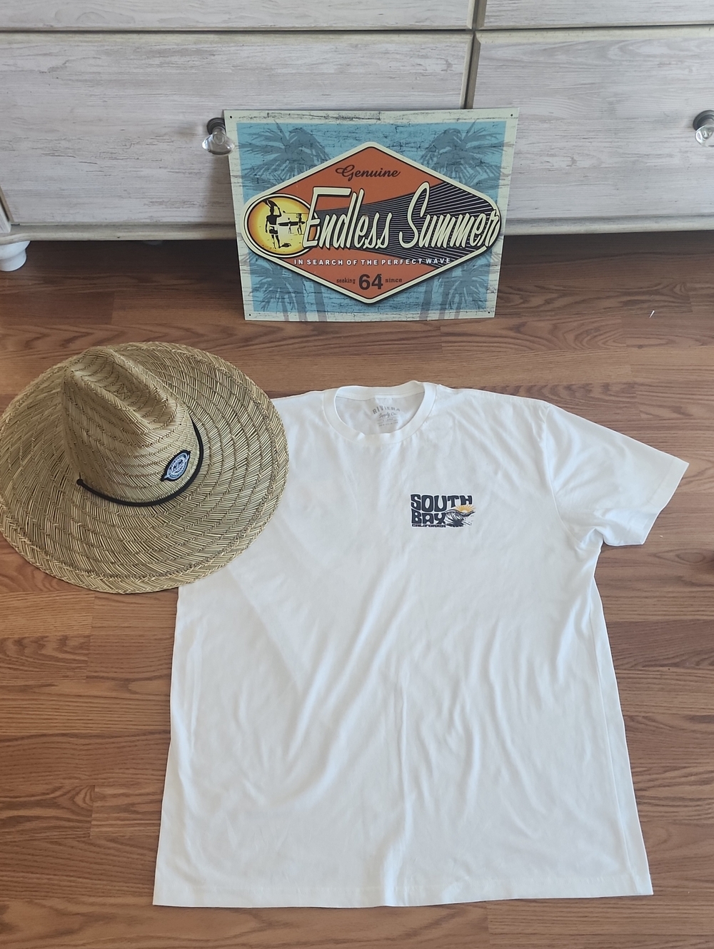 Iconic Riviera South Bay White Short-Sleeve Tee with Blue & Yellow Chest Graphic